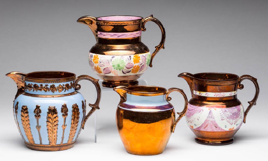 ENGLISH COPPER LUSTRE CERAMIC PITCHERS, LOT OF FOUR (1 of 1)
