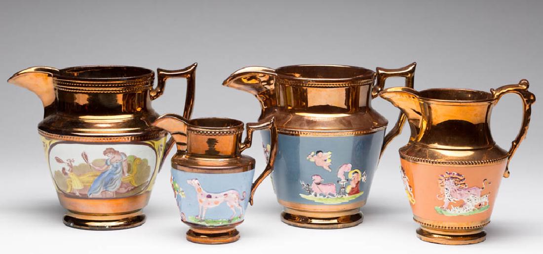 ENGLISH COPPER LUSTRE CERAMIC PITCHERS, LOT OF FOUR (1 of 1)