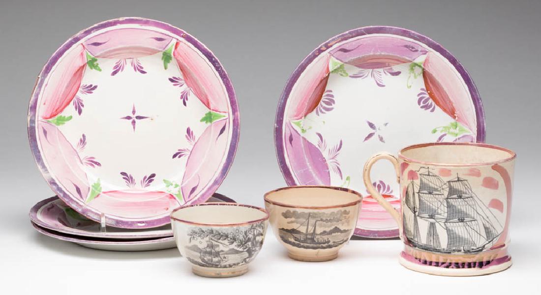 ENGLISH PINK LUSTRE CERAMIC ARTICLES, LOT OF SEVEN: ENGLISH PINK LUSTRE CERAMIC ARTICLES, LOT OF SEVEN, including two teabowls having a transfer-printed image of Robert Fulton's steamboat on one side with an American flag, and a full sail ship on the o