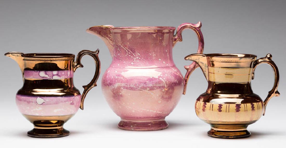 ENGLISH PINK AND COPPER LUSTRE CERAMIC PITCHERS, LOT OF (1 of 1)