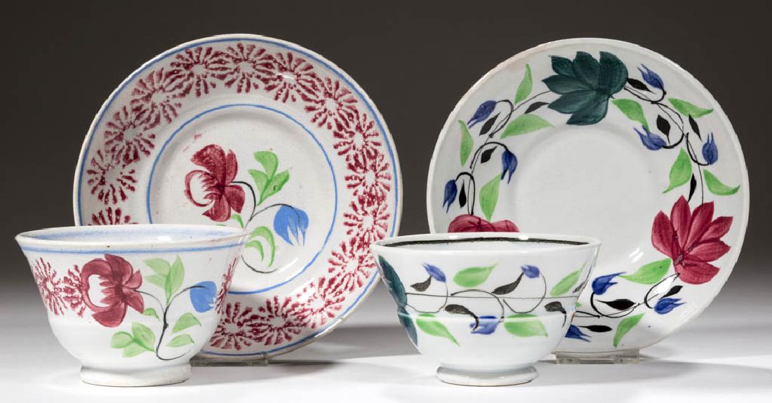 ENGLISH CERAMIC TEABOWL AND SAUCER SETS, LOT OF TWO: ENGLISH CERAMIC TEABOWL AND SAUCER SETS, LOT OF TWO, one with polychrome painted floral designs, and one stick-spatter and hand-painted floral design. One teabowl impressed with "J&S MEAKIN" and one t