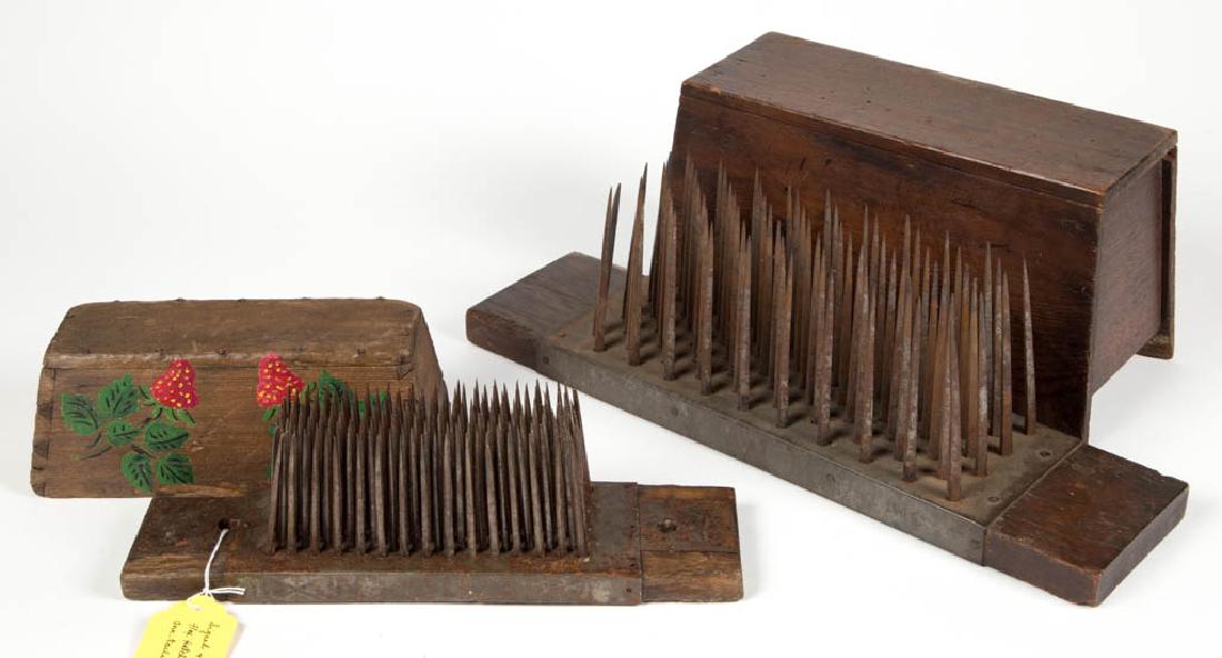 MID-ATLANTIC SIGNED AND DATED FLAX HACKLES / HATCHELS,: MID-ATLANTIC SIGNED AND DATED FLAX HACKLES / HATCHELS, LOT OF TWO, each board style, small example with punched decoration and "D+C 1823" to sides, and dovetailed-box cover, large example punched "J M