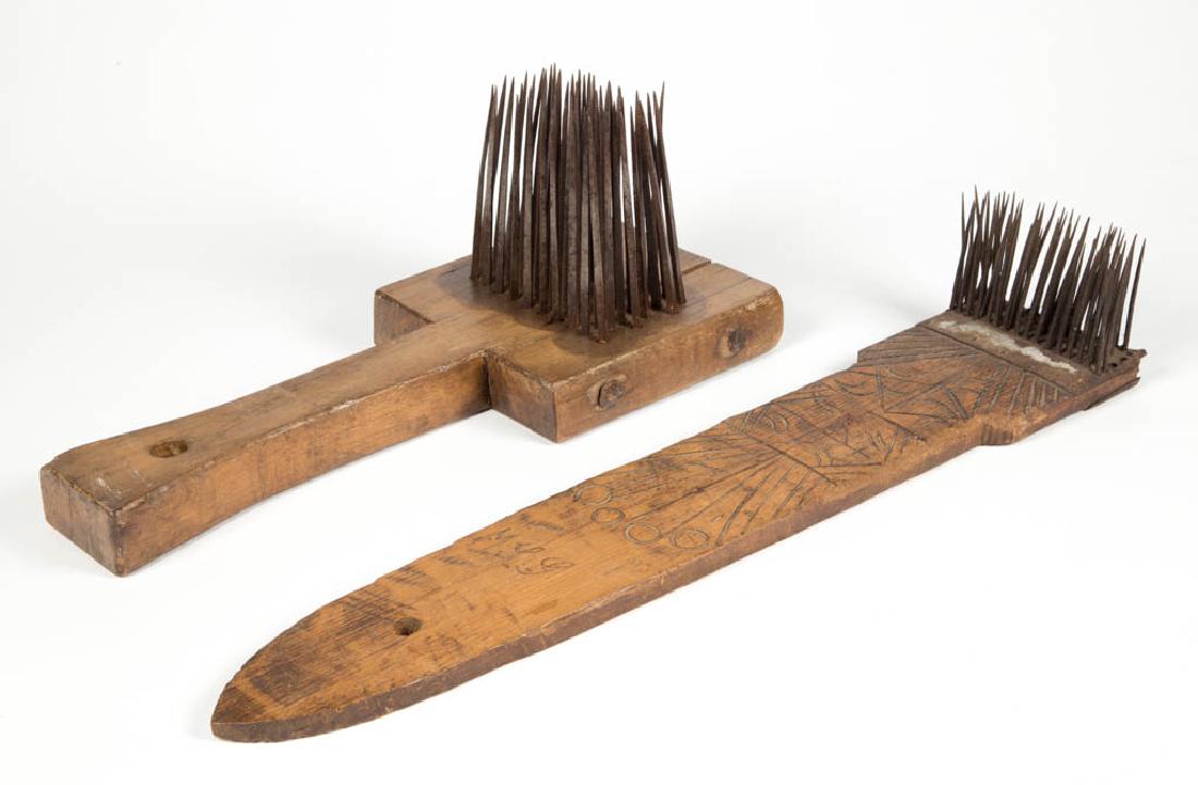 ASSORTED FLAX HACKLES / HATCHELS, LOT OF TWO: ASSORTED FLAX HACKLES / HATCHELS, LOT OF TWO, comprising a board-style example with gouged decoration and "MLG" initials on front, and name to reverse, and a handled-slab example with square head, eac