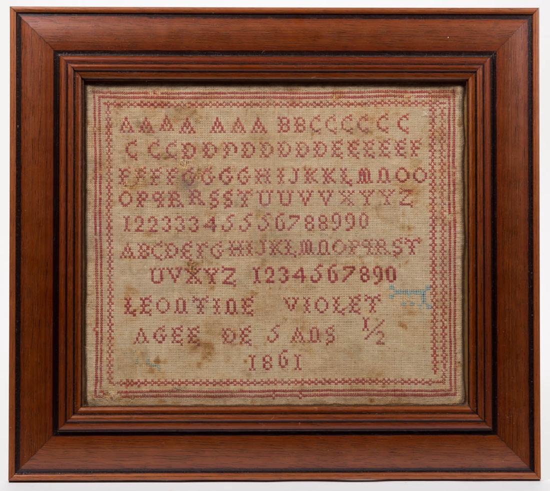 NEEDLEWORK SAMPLER: NEEDLEWORK SAMPLER, silk on linen, seven plain alphabet and numeral rows within a simple border, signed "LEONTINE VIOLET / AGEE DE 5 ANS 1/2 / 1861". Housed under glass in a modern frame. Probably Mex