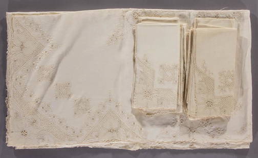 MARGHAB TABLE LINENS, SET OF 13: MARGHAB TABLE LINENS, SET OF 13, comprising a tablecloth and 12 napkins. Emile Marghab/Marghab Linens Ltd. Circa 1950. Tablecloth 120" x 66" OA (UPDATED 7/15/17).Very good condition.Provenance: Descen