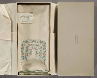 MARGHAB "ROSE ARBOR" PATTERN TABLE LINENS, SET OF SEVEN: MARGHAB "ROSE ARBOR" PATTERN TABLE LINENS, SET OF SEVEN, in original box, with label and tissue paper. Emile Marghab/Marghab Linens Ltd. Circa 1950.Each 21 1/2" x 15 1/2". Excellent, unused condition;