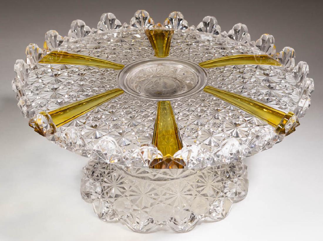 DUNCAN ELLROSE (OMN) / AMBERETTE (OMN) - AMBER-STAINED: DUNCAN ELLROSE (OMN) / AMBERETTE (OMN) - AMBER-STAINED SALVER / CAKE STAND, colorless, plate sloping. Geo. Duncan & Sons. Pattern introduced in 1885. Geo. Duncan & Sons. 5 1/2" HOA, 10 1/2" D rim. Nea