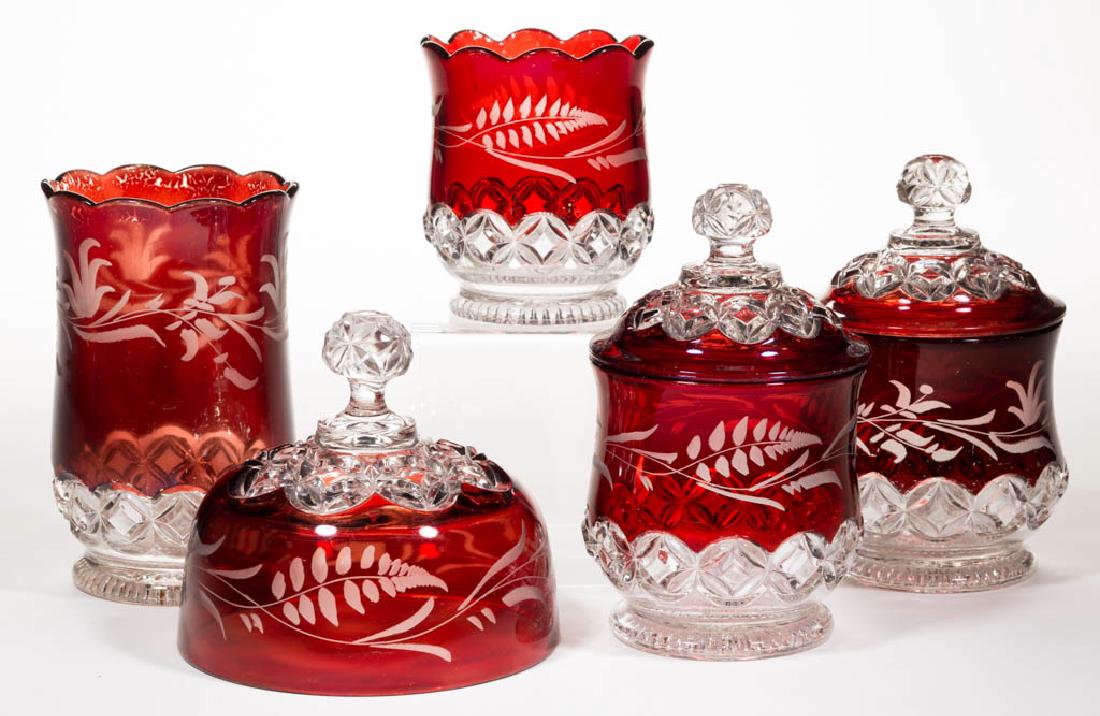 HERO / RUBY ROSETTE - RUBY-STAINED TABLE ARTICLES, LOT (1 of 1)