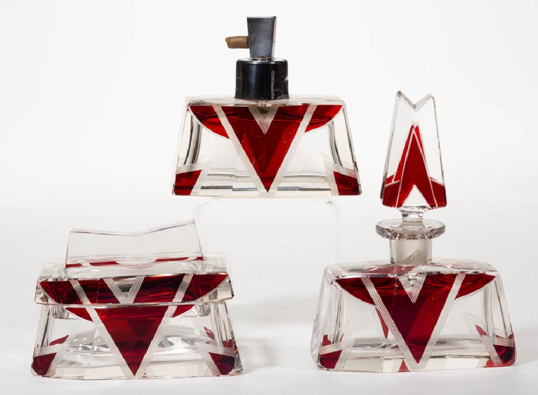 BOHEMIAN ART DECO - RUBY-STAINED THREE-PIECE DRESSER (1 of 1)