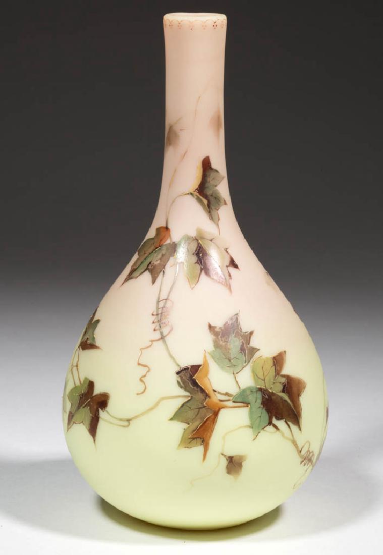 WEBB QUEEN'S DECORATED BURMESE BUD VASE: WEBB QUEEN'S DECORATED BURMESE BUD VASE, plush, polychrome-enamel decoration, foliate design, polished pontil mark, stamped signature for Thomas Webb. Thomas Webb & Sons. Fourth quarter 19th century.