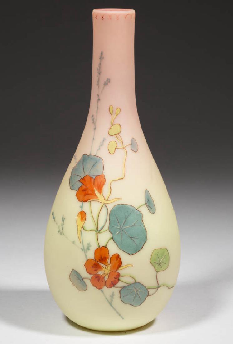 WEBB ATTRIBUTED DECORATED BURMESE BUD VASE: WEBB ATTRIBUTED DECORATED BURMESE BUD VASE, plush, polychrome-enamel decoration, polished pontil mark, signature likely added at a later date. Thomas Webb & Sons. Fourth quarter 19th century. 8" H.Und