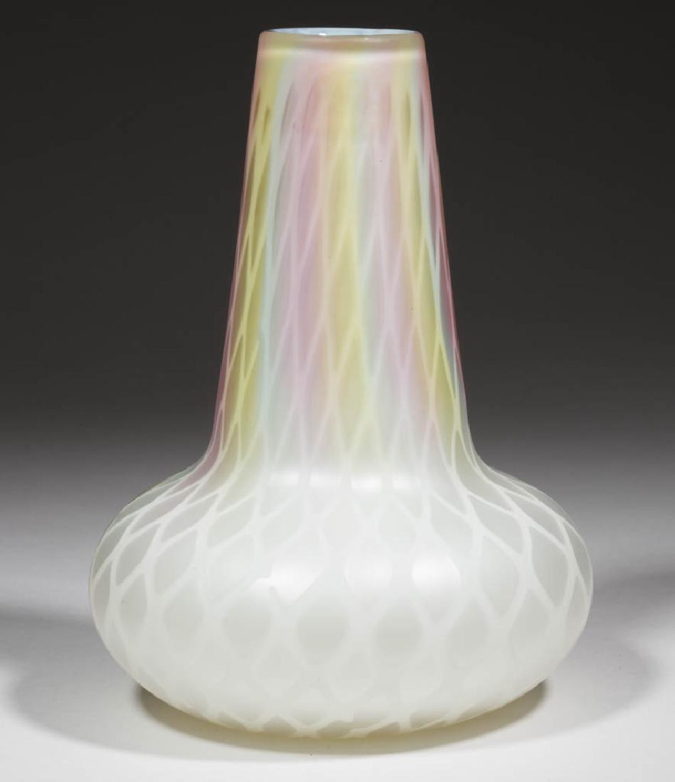 RAINBOW DIAMOND QUILT AIR-TRAP MOTHER-OF-PEARL SATIN: RAINBOW DIAMOND QUILT AIR-TRAP MOTHER-OF-PEARL SATIN GLASS VASE, white with three colors, tapered mouth/neck and bulbous base, polished pontil mark, etched "PATENT" mark. Probably Thomas Webb & Sons.