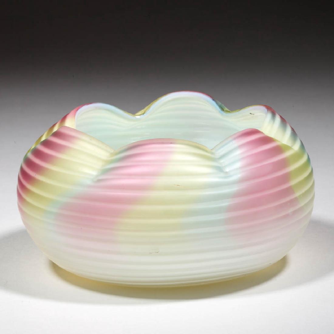 RAINBOW HORIZONTAL RIB AIR-TRAP MOTHER-OF-PEARL SATIN: RAINBOW HORIZONTAL RIB AIR-TRAP MOTHER-OF-PEARL SATIN GLASS BOWL, white with three colors, pinched rim, polished pontil mark, etched "PATENT" mark to the base. Probably Thomas Webb & Sons. Late 19th/e