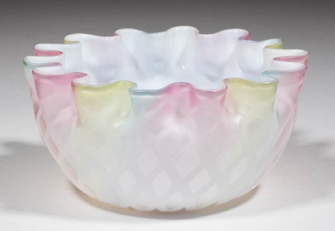 RAINBOW DIAMOND QUILT AIR-TRAP MOTHER-OF-PEARL SATIN: RAINBOW DIAMOND QUILT AIR-TRAP MOTHER-OF-PEARL SATIN GLASS FINGER BOWL, white with three colors, ruffled rim, polished pontil mark, etched "PATENT" mark to base. Probably Thomas Webb & Sons. Late 19th