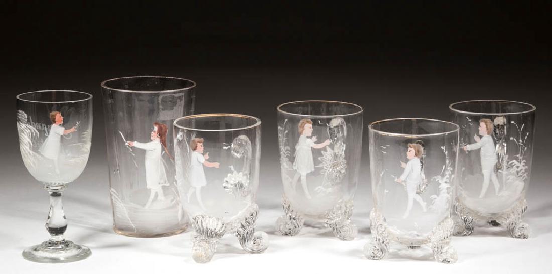 VICTORIAN MARY GREGORY (SO-CALLED) DECORATED DRINKING: VICTORIAN MARY GREGORY (SO-CALLED) DECORATED DRINKING ARTICLES, LOT OF SIX, colorless with white-enamel decoration, comprising a Panel-Optic tumbler, a wine, and four punch cups. Maker unverified. Lat