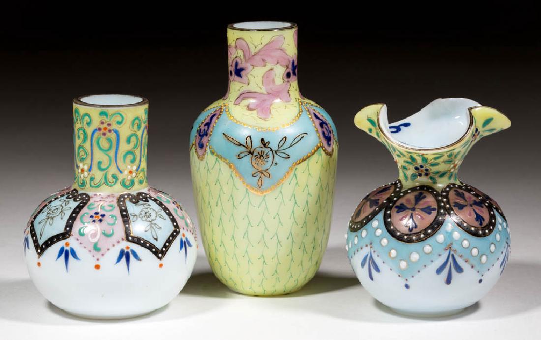 BOHEMIAN OPAQUE DECORATED GLASS VASES, LOT OF THREE (1 of 1)