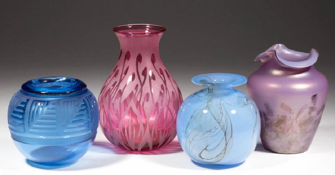 ASSORTED STUDIO ART GLASS VASES, LOT OF FOUR: ASSORTED STUDIO ART GLASS VASES, LOT OF FOUR, comprising a Kralik Lavender, a signed Pilgrim Glass red-etched, a signed transparent blue bulb, and a signed blue Art Deco acid-etched example. Various m