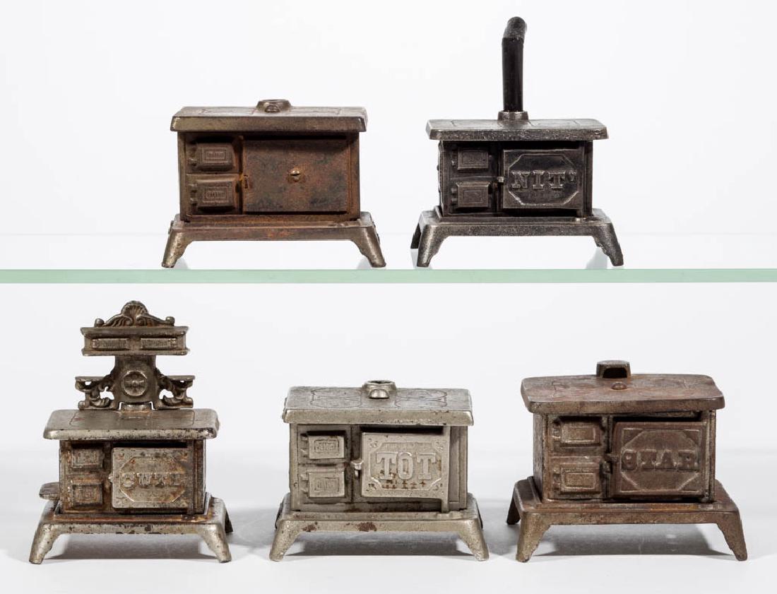 CASTIRON MINIATURE TOY COOK RANGE STOVES, LOT OF FIVE