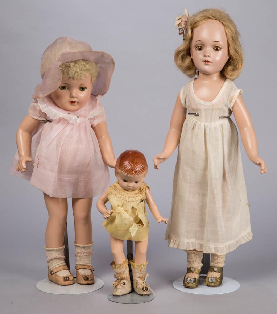 ASSORTED COMPOSITION CHARACTER DOLLS, LOT OF THREE: ASSORTED COMPOSITION CHARACTER DOLLS, LOT OF THREE, jointed bodies, comprising two examples with composition bodies including a "MaryLee" and an "Effanbee Patsyette"; and a cloth body with composition