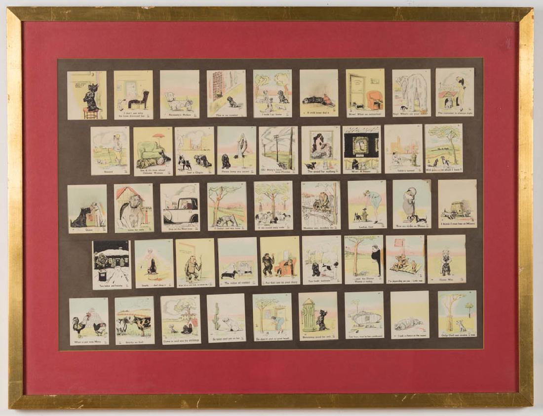SERIES OF SATIRICAL PRINTED CARDS: SERIES OF SATIRICAL PRINTED CARDS, lithographs in colors, humorous canine-related scenes, numbered 1-45. Matted and housed together under glass in a modern frame. Circa 1940. Cards 2 1/2" x 1 3/4" eac