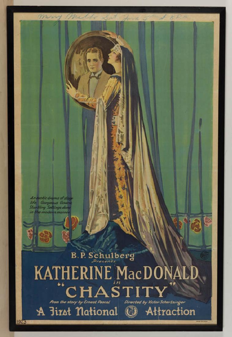 AMERICAN SILENT MOVIE POSTER: AMERICAN SILENT MOVIE POSTER, lithograph, B.P. Schulberg Productions' "Chastity" with Katherine McDonald as Norma O'Neill, J. Gunnis Davis as Nat Mason, directed by Victor Schertzinger. "Butts / LITHO