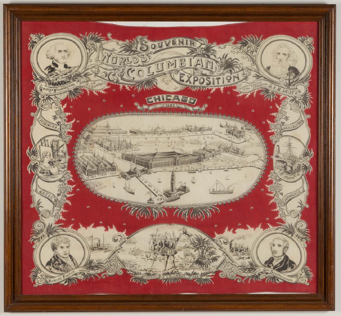 1893 CHICAGO WORLD'S FAIR / COLUMBIAN EXPOSITION: 1893 CHICAGO WORLD'S FAIR / COLUMBIAN EXPOSITION SOUVENIR BANDANA / HANDKERCHIEF, printed cotton, panoramic bird's-eye depiction of the fair grounds, border featuring bust portraits of famous American
