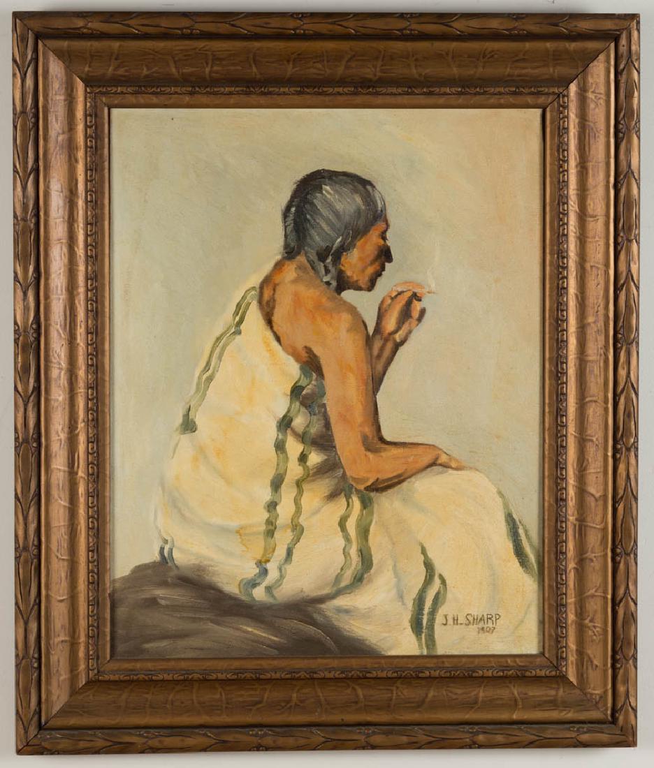 AMERICAN SCHOOL (20TH CENTURY) PORTRAIT OF A NATIVE: AMERICAN SCHOOL (20TH CENTURY) PORTRAIT OF A NATIVE AMERICAN, oil on canvas, figure seated, wrapped in trade blanket, smoking a cigarette, after Joseph Henry Sharp (American, 1859-1953), bearing spuri