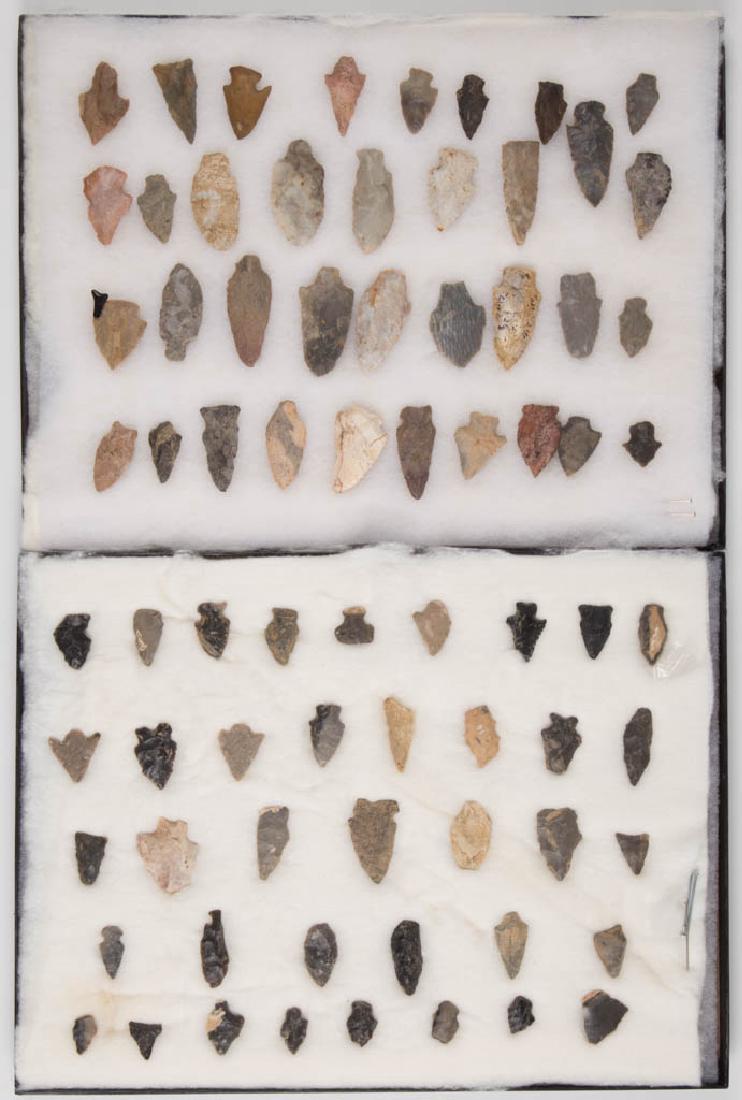 NATIVE AMERICAN STONE POINTS, LOT OF 73: NATIVE AMERICAN STONE POINTS, LOT OF 73, primarily projectile points, some blades or drills. In two padded butterfly cases. Together with one potsherd and one small shark's tooth. Seventy-five (75) pi