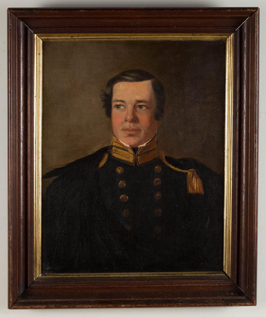 AMERICAN SCHOOL (19TH CENTURY) PORTRAIT OF A MILITARY: AMERICAN SCHOOL (19TH CENTURY) PORTRAIT OF A MILITARY OFFICER, oil on canvas, sitter gazing askance, wearing double-breasted coat with epaulettes and a draped black cloak or overcoat, likely original 