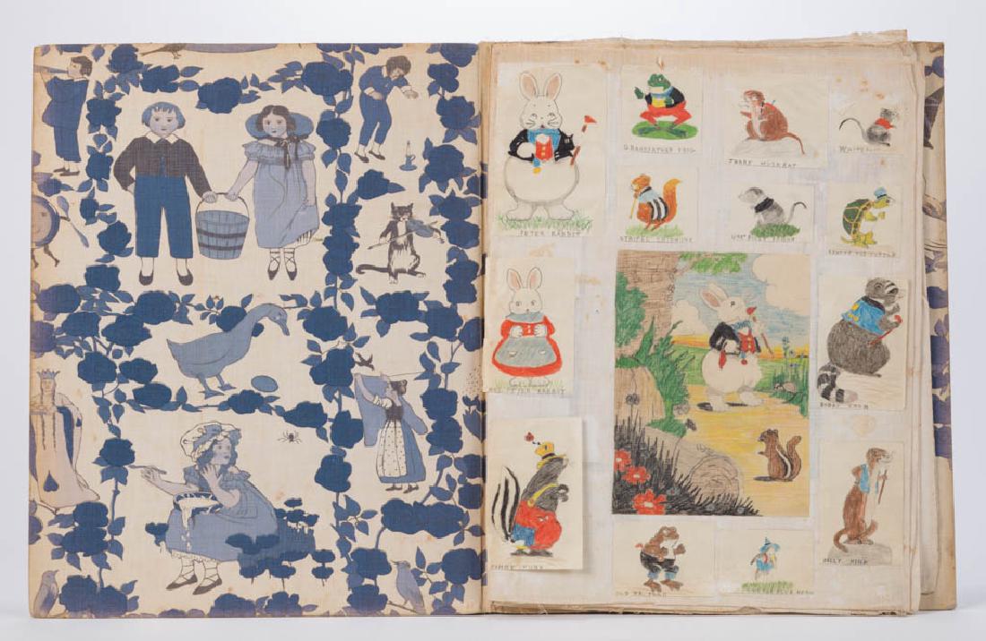 AMERICAN SCHOOL (20TH CENTURY) CHILDREN'S ILLUSTRATION: AMERICAN SCHOOL (20TH CENTURY) CHILDREN'S ILLUSTRATION ART SKETCHBOOK, pencil and watercolor on paper, examples laid on linen and bound in fabric-covered book, depictions include "Peter Rabbit", "Bobb