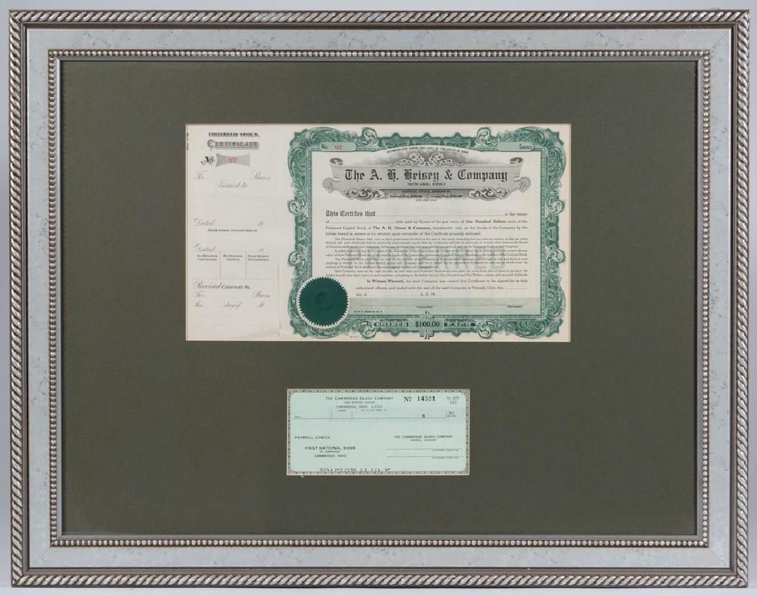 A. H. HEISEY & COMPANY STOCK CERTIFICATE: A. H. HEISEY & COMPANY STOCK CERTIFICATE, $100, No. 97, unissued with attached receipt tab. Framed together with an unissued check from the Cambridge Glass Company. Circa 1920. 21 1/2" x 28" OA. Excel