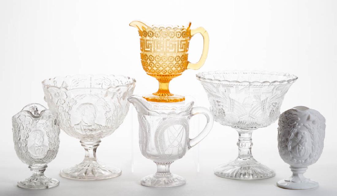 ASSORTED HISTORICAL AND OTHER ARTICLES, LOT OF SIX: ASSORTED HISTORICAL AND OTHER ARTICLES, LOT OF SIX, colorless, light amber, and opaque white/milk glass, including a Benjamin Disraeli, Earl of Beaconsfield open sugar and two creamers, each with Gree
