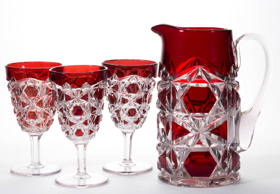 BLOCK AND LATTICE - RUBY-STAINED FOUR-PIECE WATER SET (1 of 1)