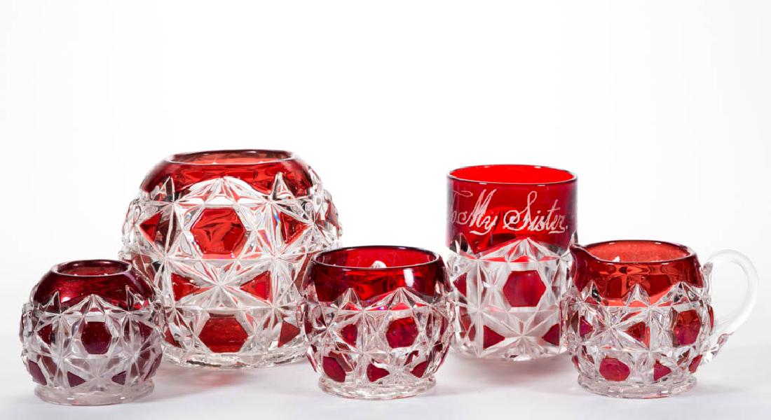 BLOCK AND LATTICE - RUBY-STAINED TABLE ARTICLES, LOT OF (1 of 1)