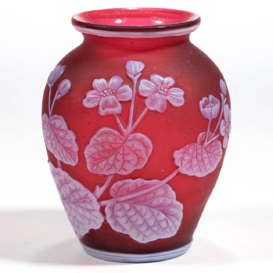 ENGLISH CAMEO ART GLASS VASE: ENGLISH CAMEO ART GLASS VASE, white to red, small urn form, foliate decoration to two sides, factory-polished table ring and pontil mark. Thomas Webb & Sons or Stevens & Williams. Fourth quarter 19th