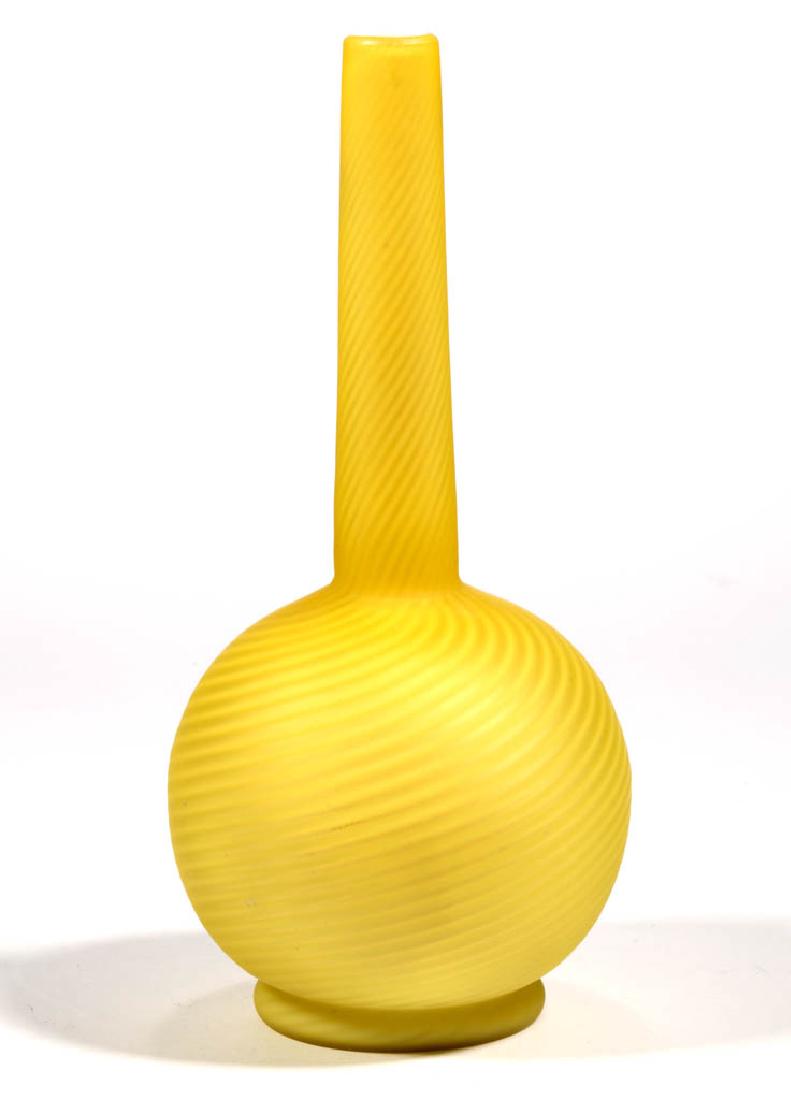ENGLISH SWIRL AIR-TRAP MOTHER-OF-PEARL BUD VASE: ENGLISH SWIRL AIR-TRAP MOTHER-OF-PEARL BUD VASE, cased bright yellow, factory-polished rim, polished pontil mark. Stevens and Williams or Thomas Webb & Sons. Fourth quarter 19th century. 7 1/8" H.Unda