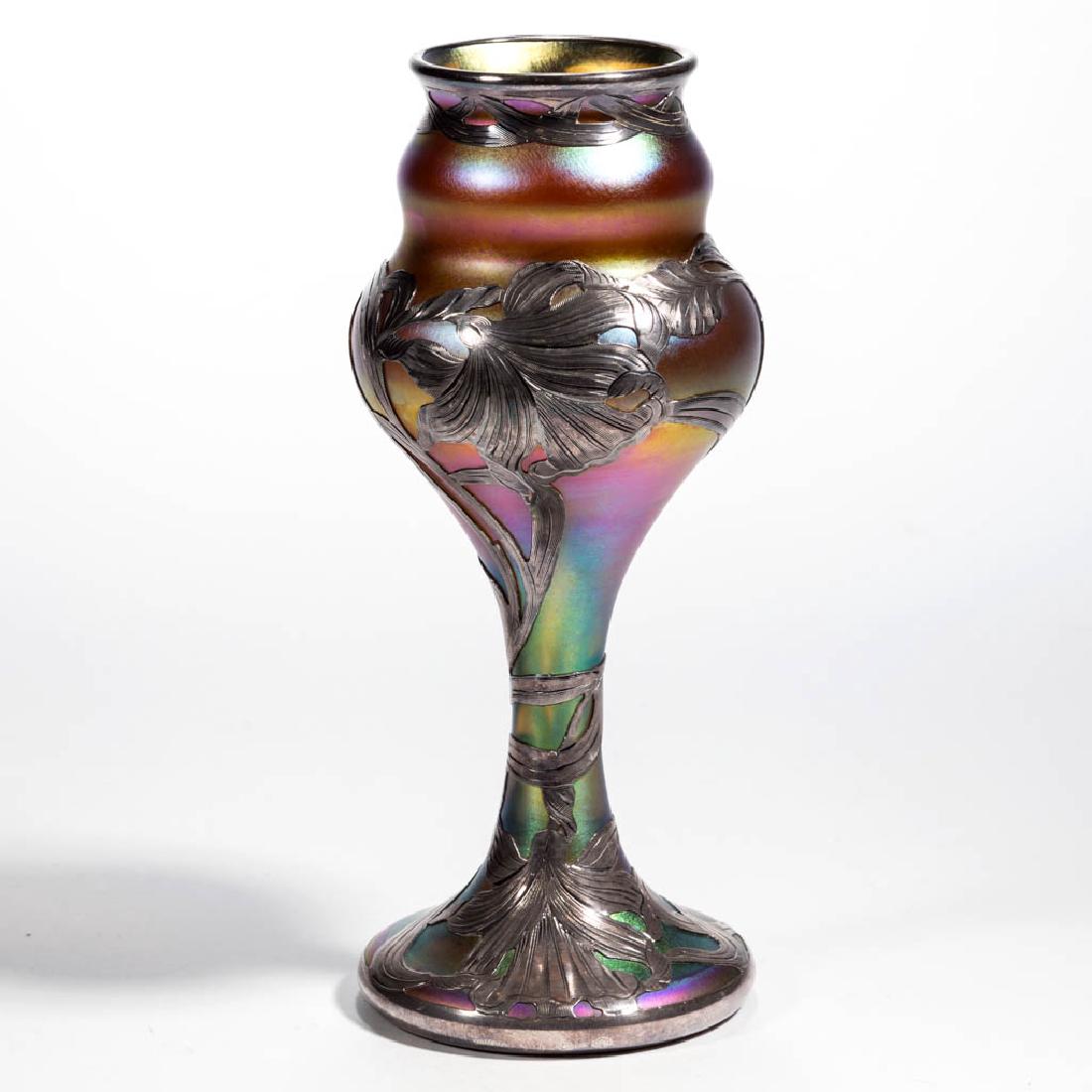 QUEZAL IRIDESCENT - SILVER OVERLAY ART GLASS VASE (1 of 4)