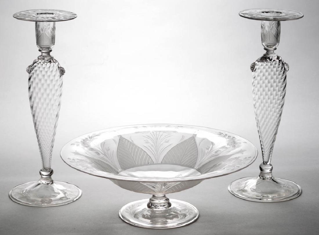 STEUBEN - ENGRAVED ART GLASS THREE-PIECE CONSOLE SET (1 of 1)