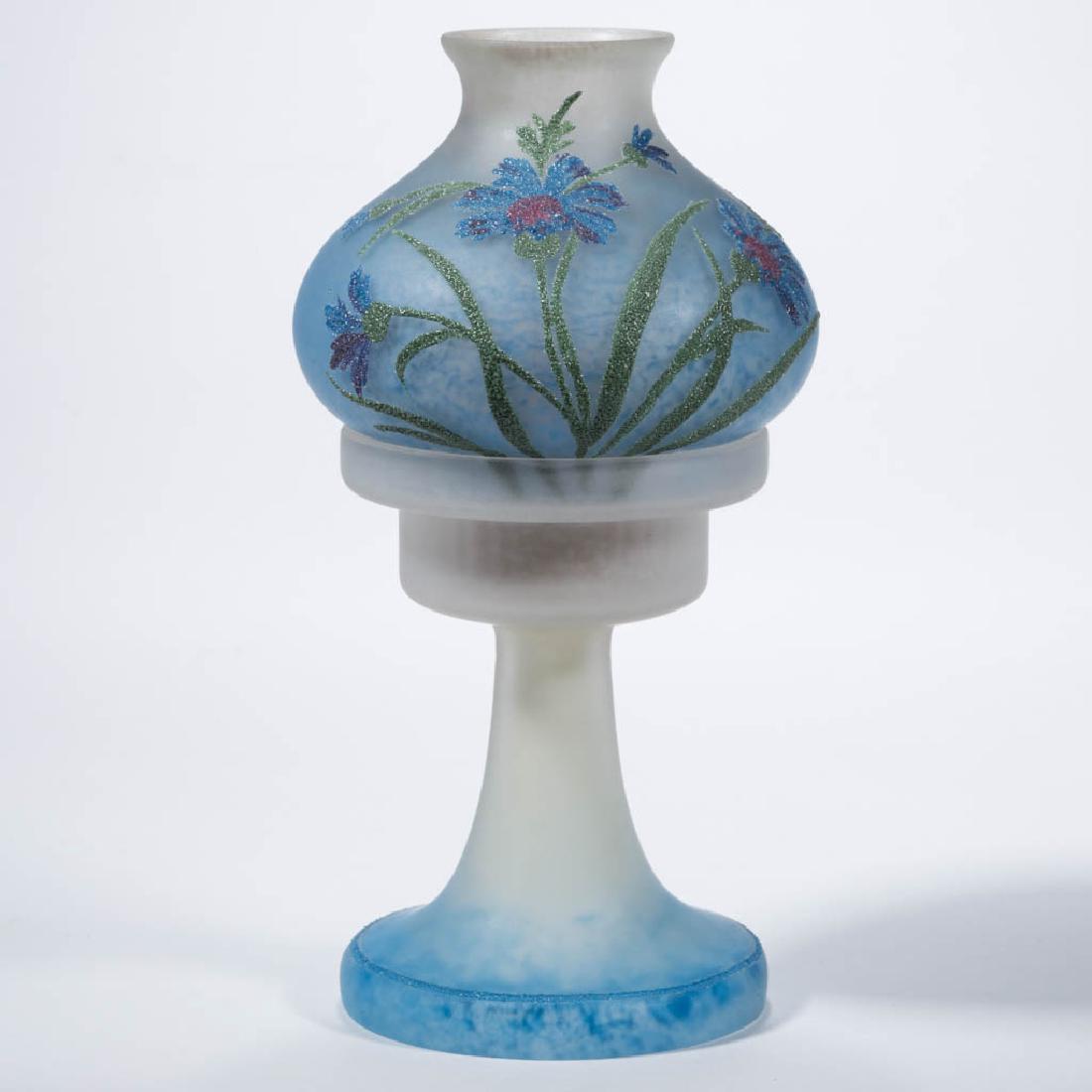 PAIRPOINT CORALENE DECORATED FAIRY LAMP: PAIRPOINT CORALENE DECORATED FAIRY LAMP, colorless with mottled blue shading to the interior of an umbrella-form shade with satin finish, blue and pink cornflower and foliage coralene decoration, edge