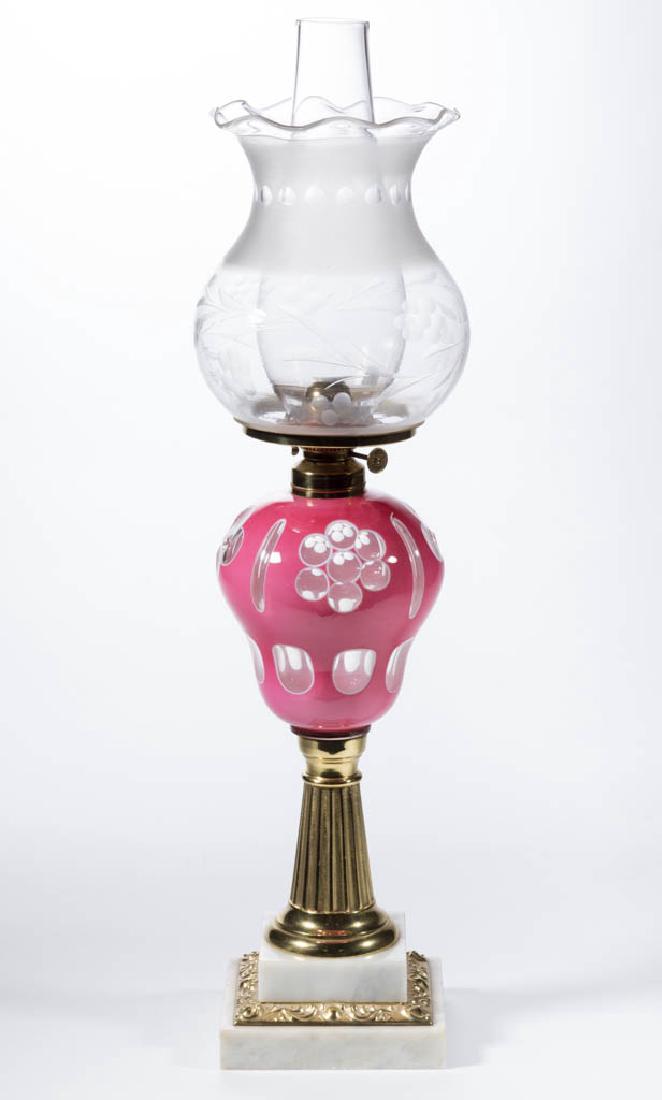 CUT DOUBLE OVERLAY PUNTY AND PANEL KEROSENE STAND LAMP (1 of 3)