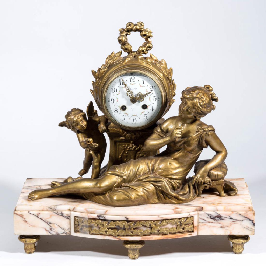 F. MARTI FRENCH CAST-METAL AND MARBLE SHELF CLOCK (1 of 3)