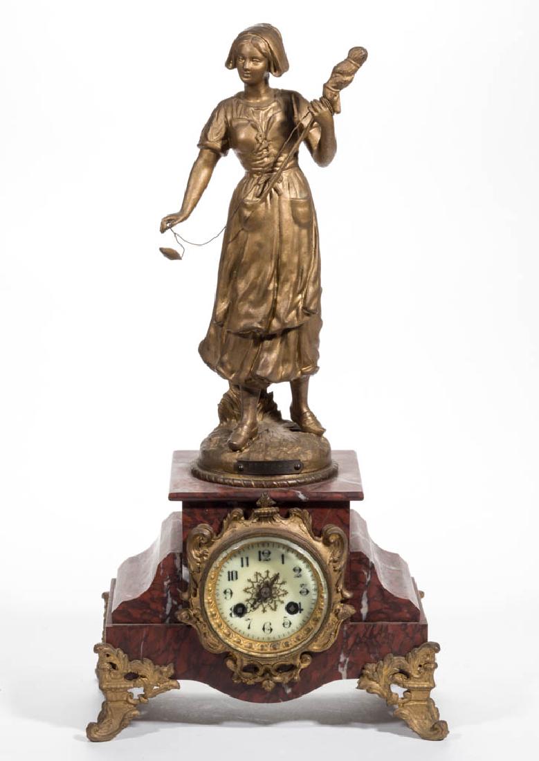 FRENCH METAL AND MARBLE FIGURAL SHELF CLOCK (1 of 3)