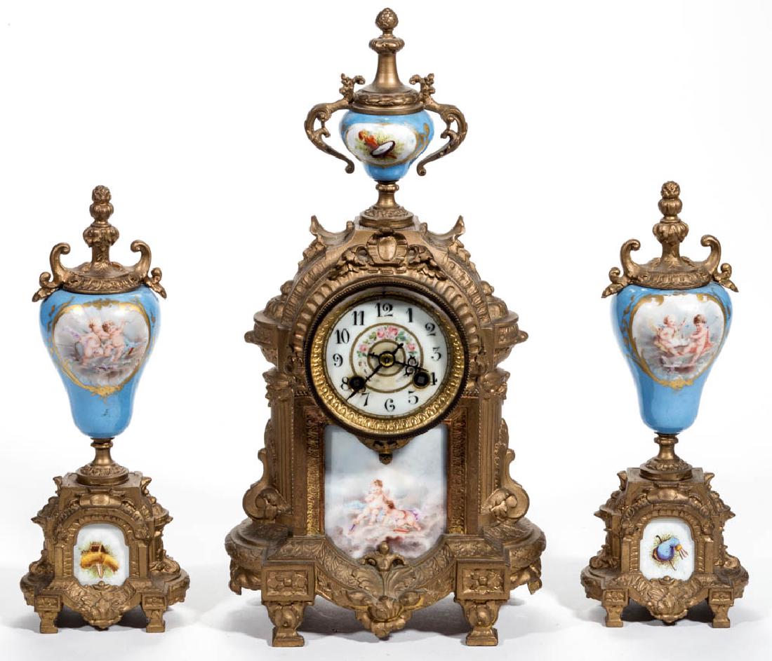 FRENCH L. MARTI GILT-METAL THREE-PIECE SHELF CLOCK AND (1 of 3)