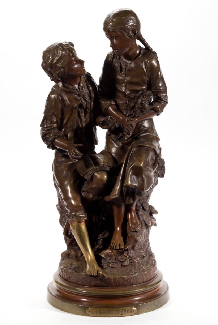 VICTOR ROUSSEAU (BELGIAN, 1865-1954) "THE FAIRY TALE": VICTOR ROUSSEAU (BELGIAN, 1865-1954) "THE FAIRY TALE" BRONZE SCULPTURE, signed "Rousseau" to base, period plaque attached to plinth "UN CONTE DE FEES". Retains a warm patina. Late 19th century. 26" HO