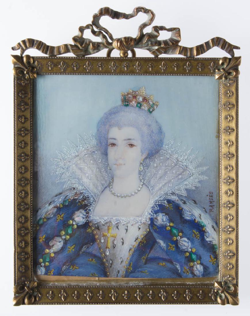 CONTINENTAL SCHOOL (LATE 19TH/EARLY 20TH CENTURY): CONTINENTAL SCHOOL (LATE 19TH/EARLY 20TH CENTURY) MINIATURE PORTRAIT OF MARIE DE MEDICI, QUEEN OF FRANCE, watercolor, subject in royal attire, including crown and blue dress bearing fleur-de-lis patte