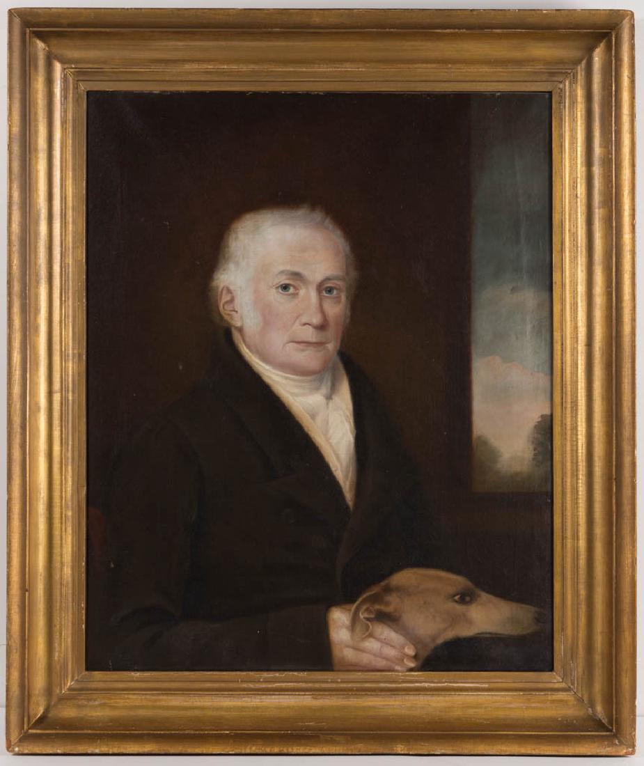 BRITISH SCHOOL (19TH CENTURY) PORTRAIT OF A GENTLEMAN: BRITISH SCHOOL (19TH CENTURY) PORTRAIT OF A GENTLEMAN, oil on canvas, distinguished sitter wearing green waistcoat and white cravat, posed with hunting dog, estate grounds in the distant background, o