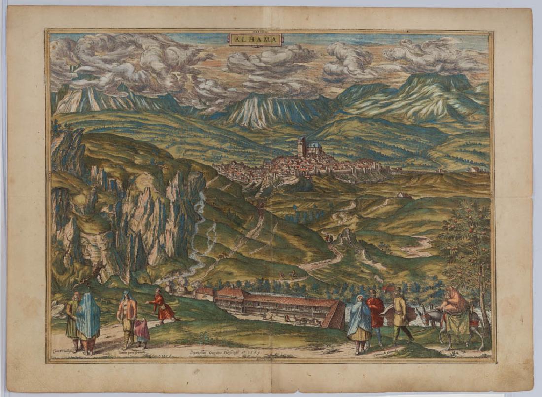 GEORGIUS HOEFNAGEL (1542-1600) "ALHAMA" PRINT: GEORGIUS HOEFNAGEL (1542-1600) "ALHAMA" PRINT, hand-colored engraving on paper, signed in plate, from "Civitates Orbis Terrarum" by Georg Braun and Franz Hogenburg in Cologne, printed German text vers