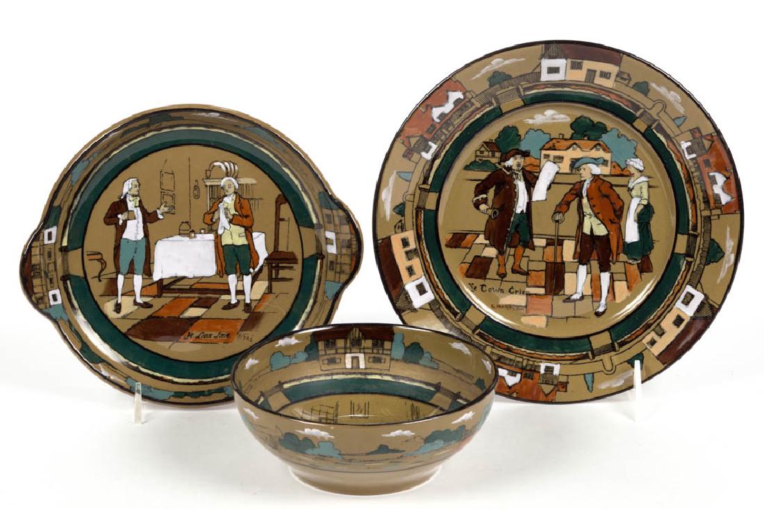 BUFFALO POTTERY DELDARE ARTICLES, LOT OF THREE: BUFFALO POTTERY DELDARE ARTICLES, LOT OF THREE, designs include "Ye Town Crier" and "Ye Lion Inn", bowl with artist's signature "L. Newman". Black printed mark on bases with Buffalo over sign reading