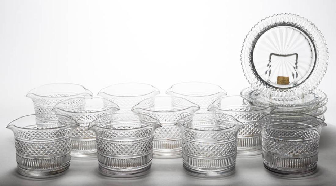 CUT SHARP DIAMOND AND PRISM WINE RINSERS, SET OF TEN: CUT SHARP DIAMOND AND PRISM WINE RINSERS, SET OF TEN, colorless, each cylindrical form with two spouts and polished pontil mark. Together with six cut diamond plates with scalloped rims. Sixteen (16) 