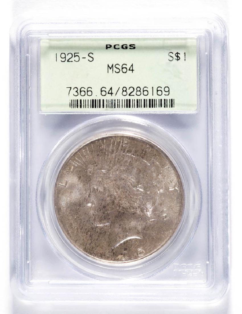 UNITED STATES SILVER 1925-S MS64 S$1 PEACE DOLLAR COIN (1 of 2)